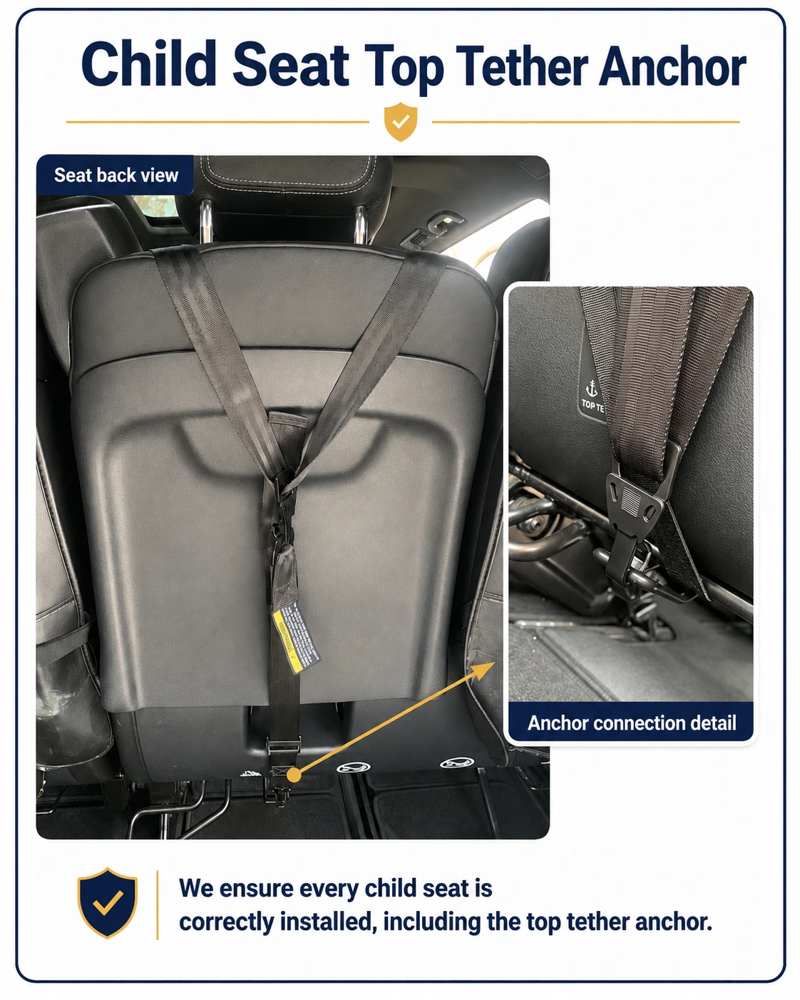 Child seat top tether straps connected to the designated anchor point behind a Mercedes-Benz V-Class seat