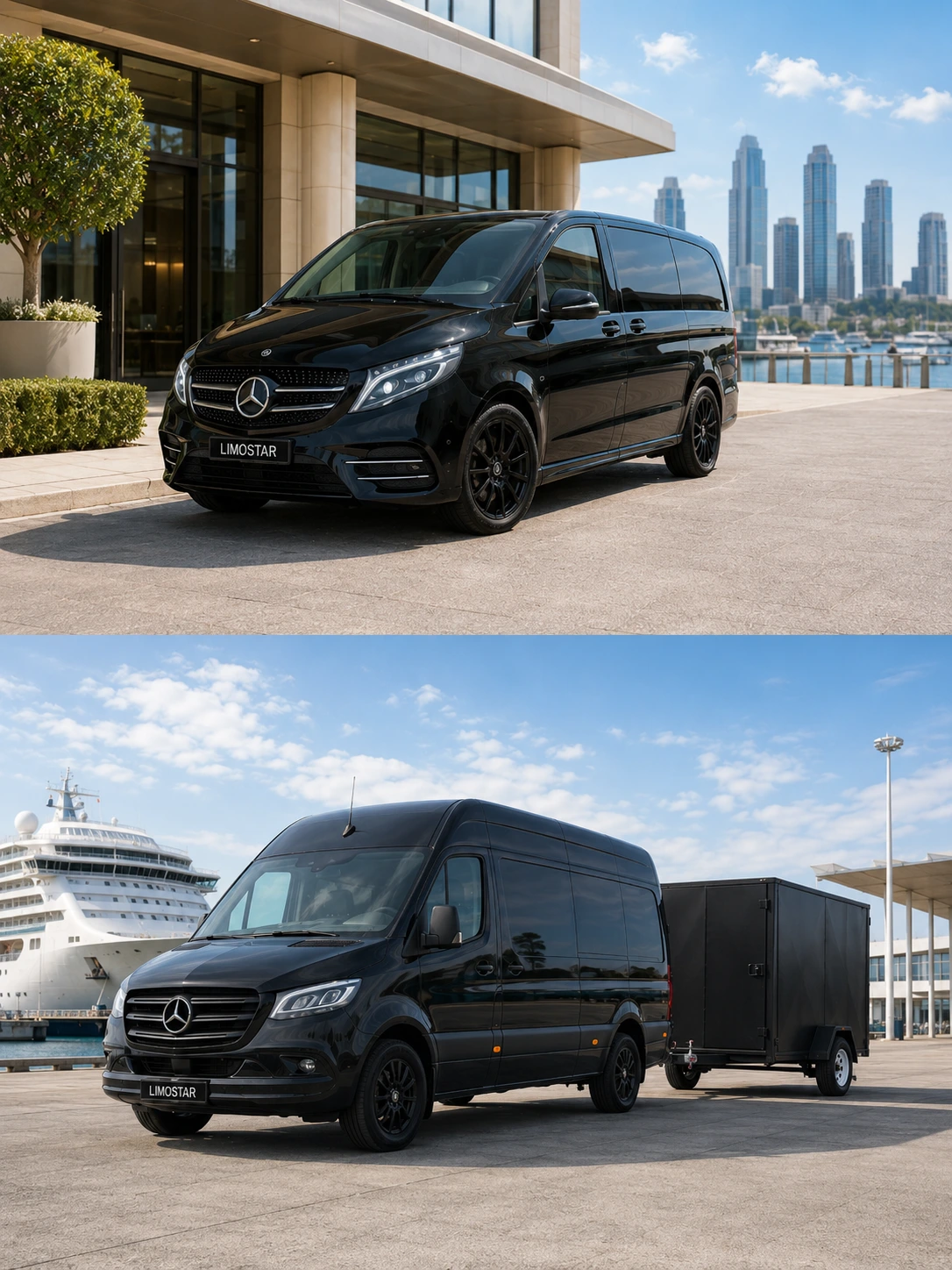 Mercedes V-Class and Mercedes Sprinter with an enclosed luggage trailer for cruise transfer planning