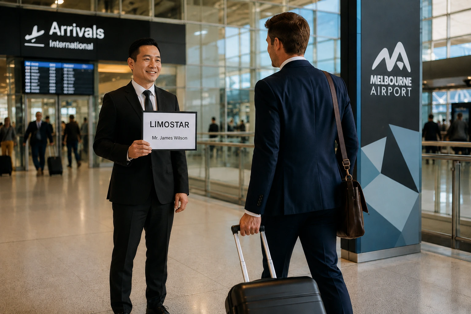 Corporate passenger meeting a LimoStar chauffeur holding a name sign at Melbourne Airport arrivals