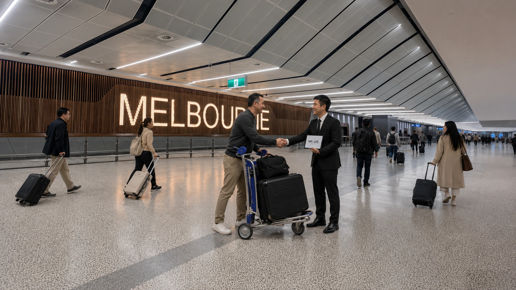 International passenger meeting and shaking hands with a LimoStar chauffeur holding a name sign in Melbourne Airport arrivals
