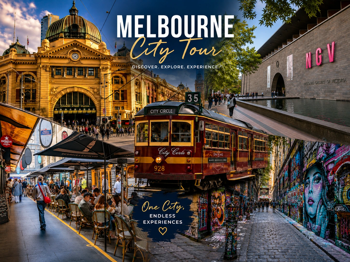 Collage of Flinders Street Station, a City Circle tram, NGV, Degraves Street and a Melbourne street-art laneway